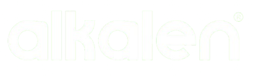 The wordmark 'alkalen' appears in a very light mint green outline font on a solid white background, with a small registered trademark symbol to the upper right of the 'n'.