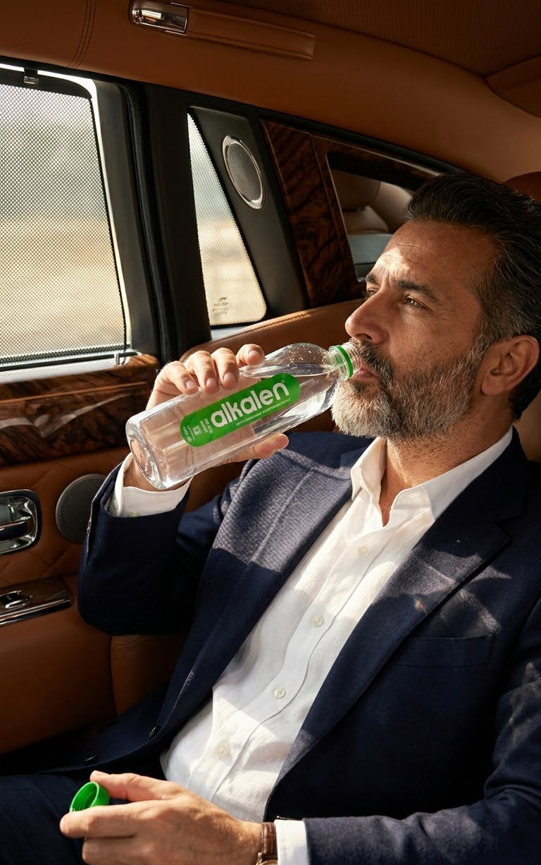 A man in a navy blazer and white shirt sits inside a luxury car, drinking from a clear bottle of alkalen water with a green cap.