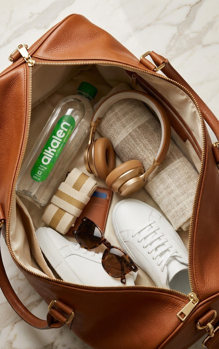An open tan leather duffel bag on a light marble surface, filled with travel items including white sneakers, over-ear headphones, sunglasses, a water bottle, a scarf, and a folded neutral fabric item.